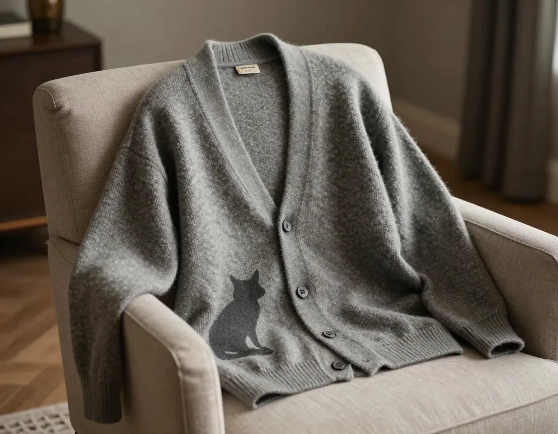 Luxurious merino wool cardigan with subtle woven cat silhouette