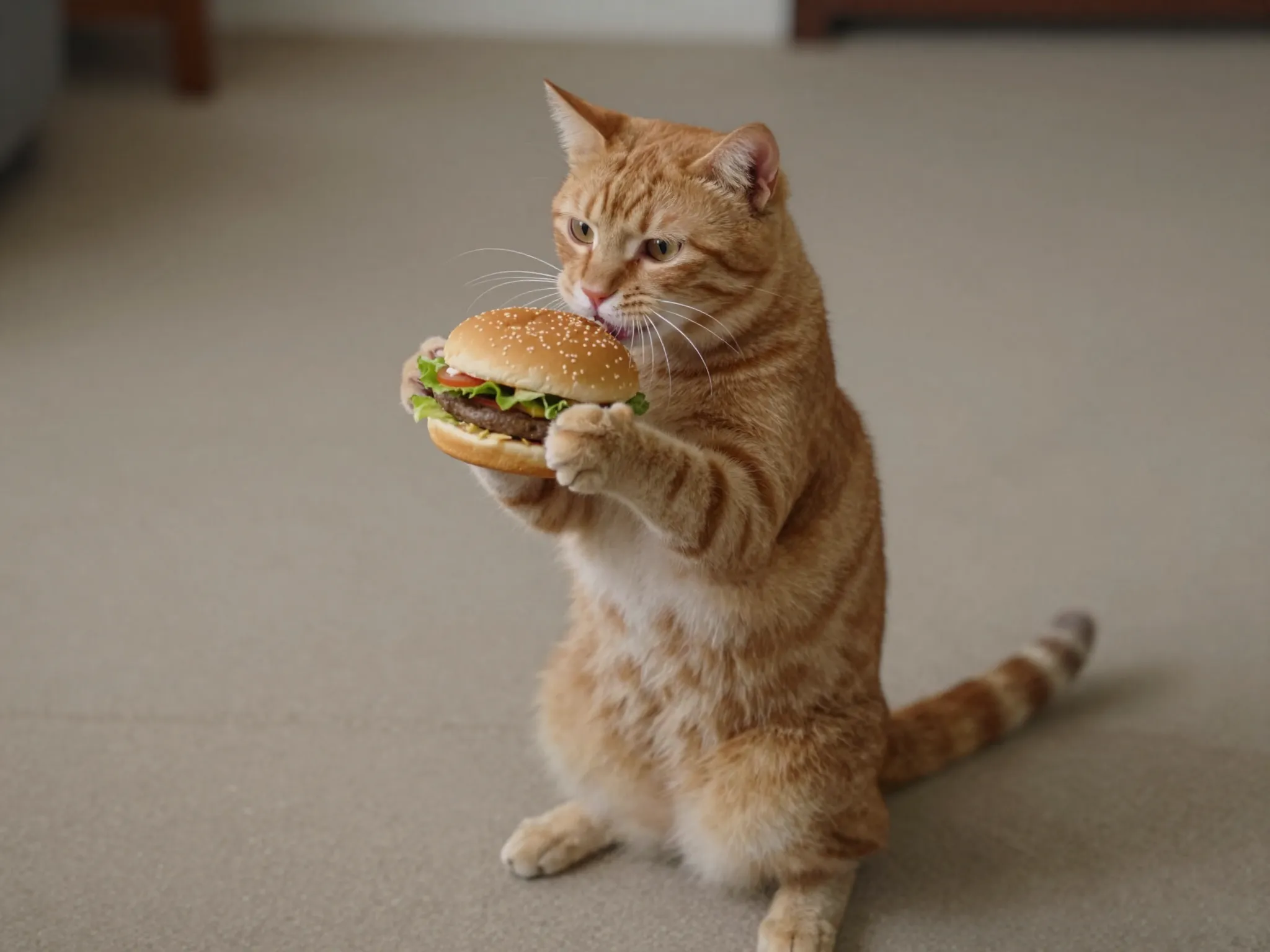 Cat concentrating on holding an invisible burger