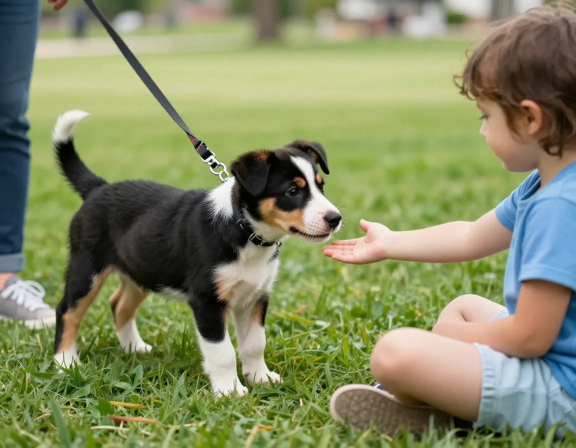 Curious cattle dog puppy meets a gentle child in a park