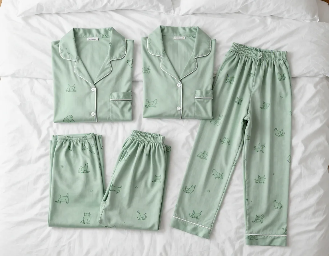 Matching pajama set with scattered cat silhouettes on bamboo fabric