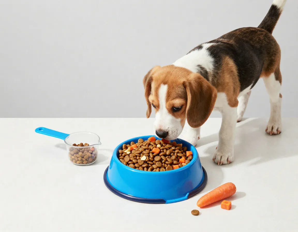 Measured meals for a beagle puppy with a slow feeder bowl and kibble