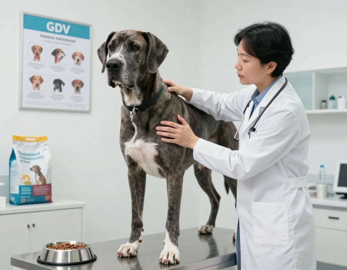 Veterinarian examining great dane in clinic setting