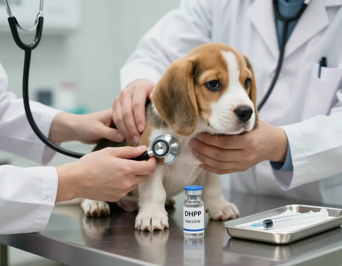 Beagle puppy veterinary checkup with a stethoscope and vaccine vial