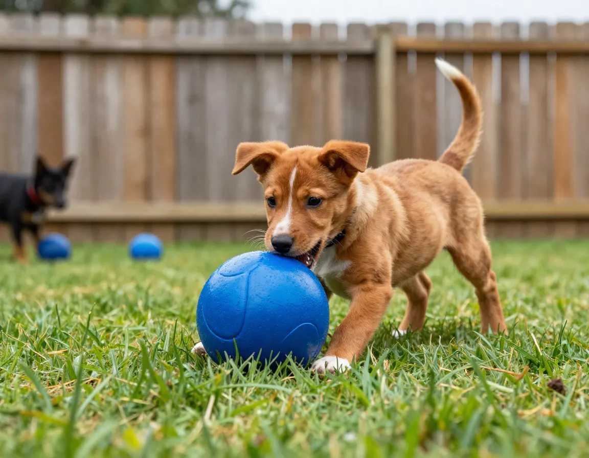 Cattle dog puppy herding a large sturdy blue ball in a yard