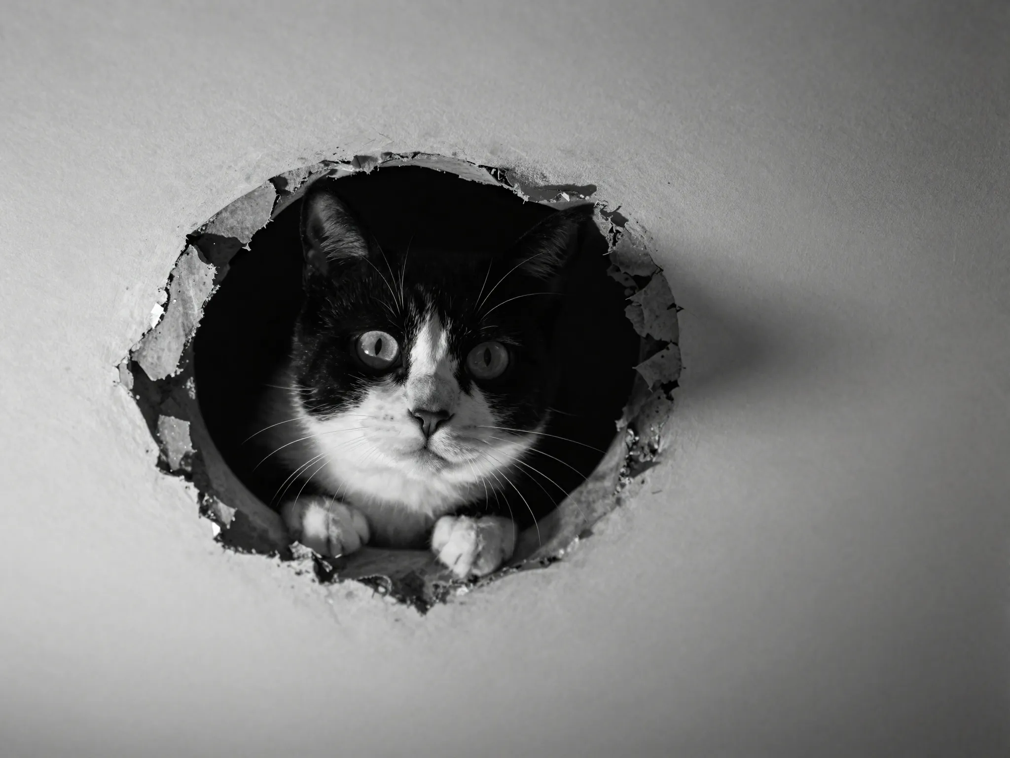 Ceiling cat peering down from a hole above