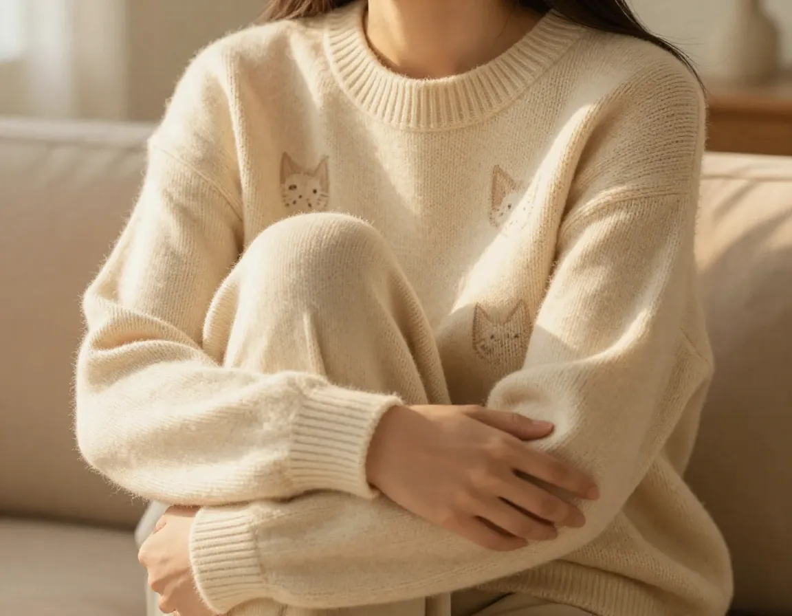 Cream colored sweater with tonal cat face motif knit pattern