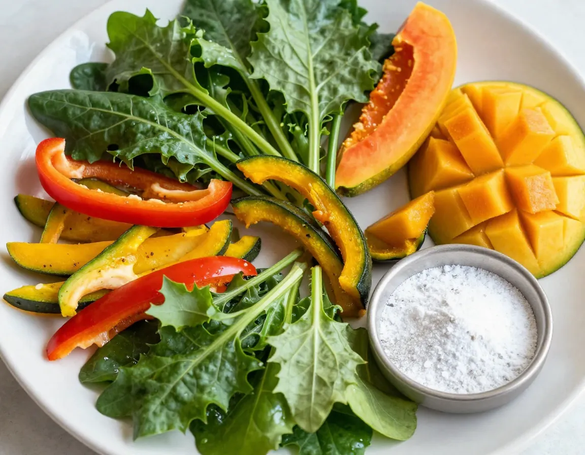 Variety of chopped greens vegetables fruits for iguana diet