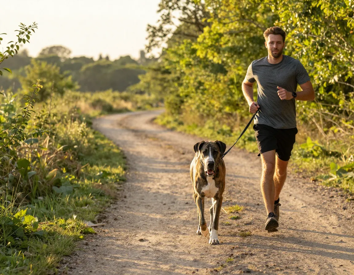 Adult great dane on leash walk on wooded trail