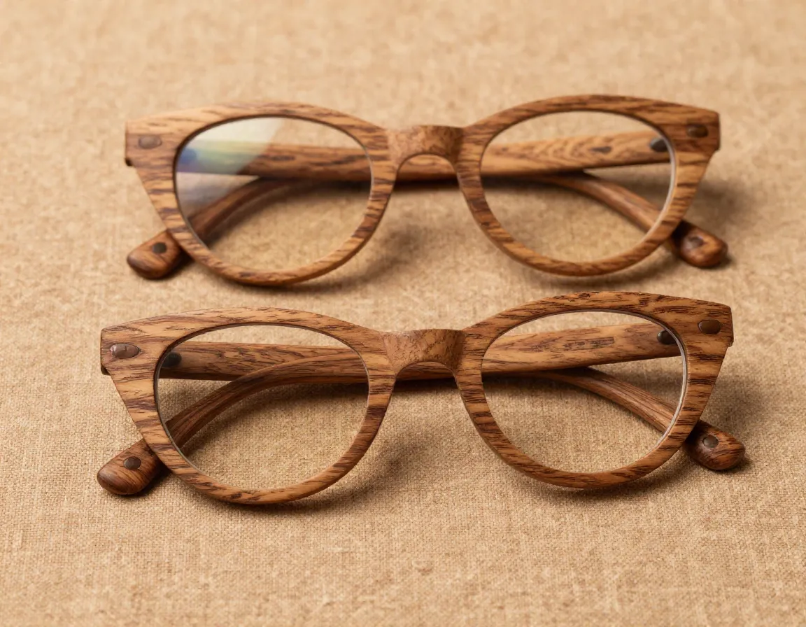 Eco friendly wooden cat eye glasses on an earthy textured background
