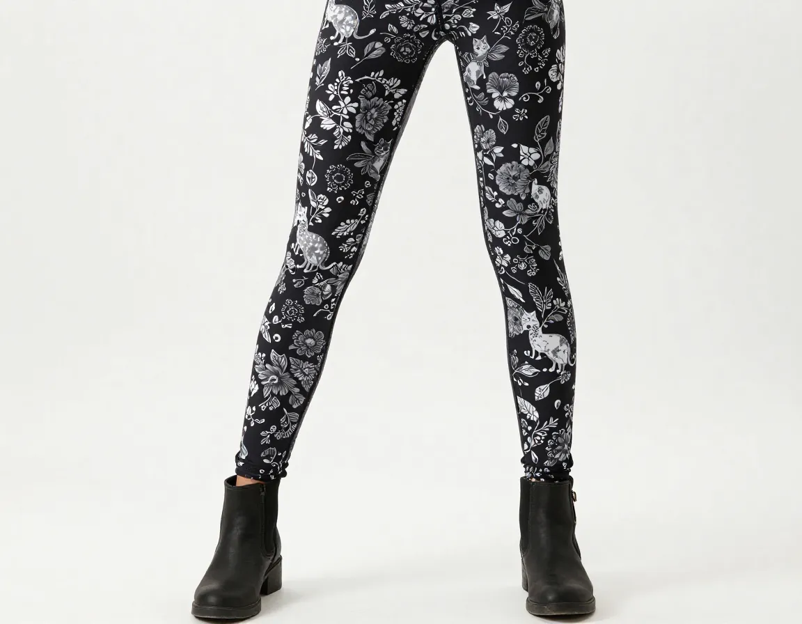 High waisted leggings with artistic floral and cat pattern