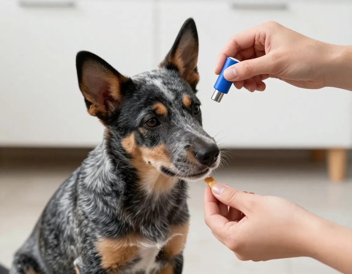 Person clicker training a focused blue heeler puppy indoors