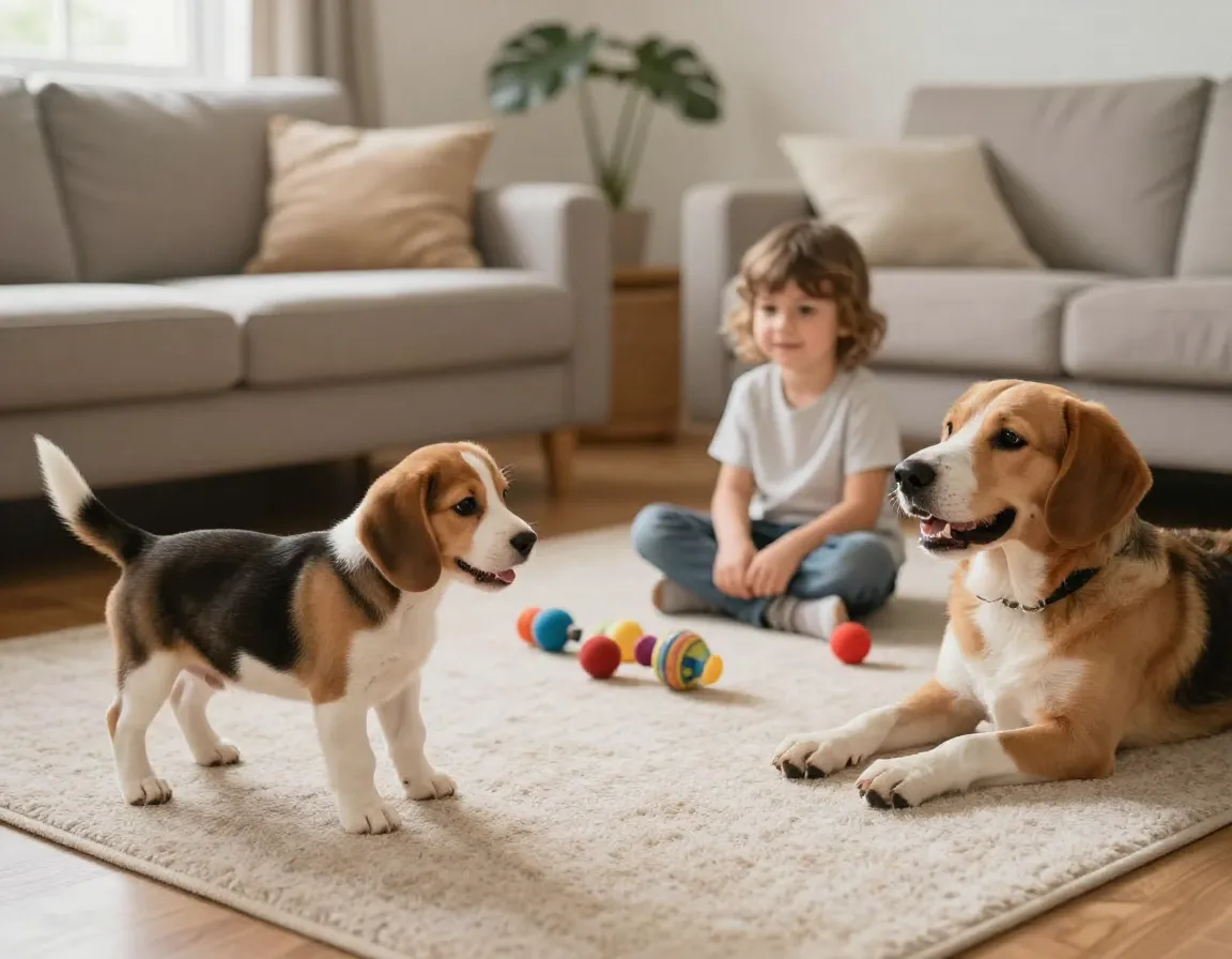 Socializing a beagle puppy with a child and another calm dog