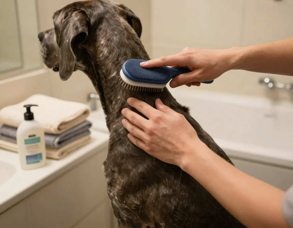 Closeup of hands brushing great dane coat at home