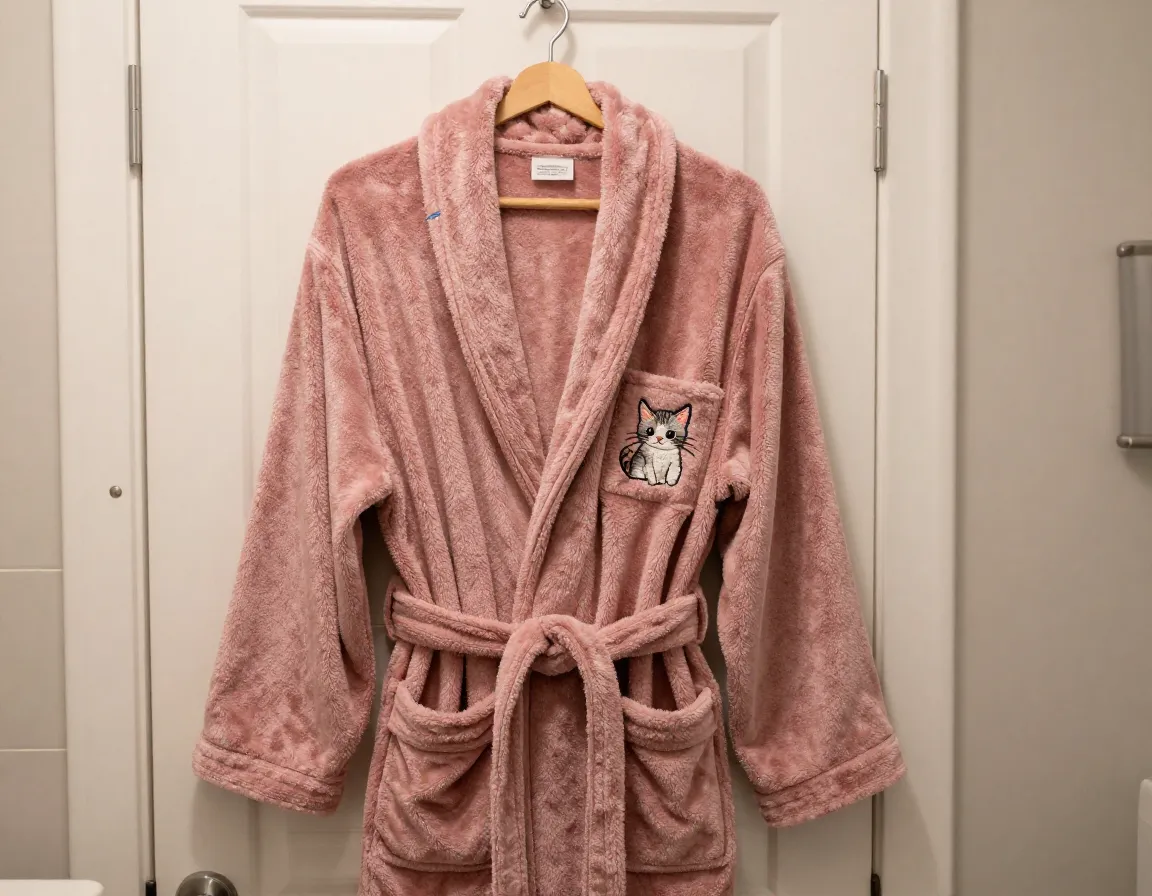 Plush terry cloth robe with embroidered kitten on pocket