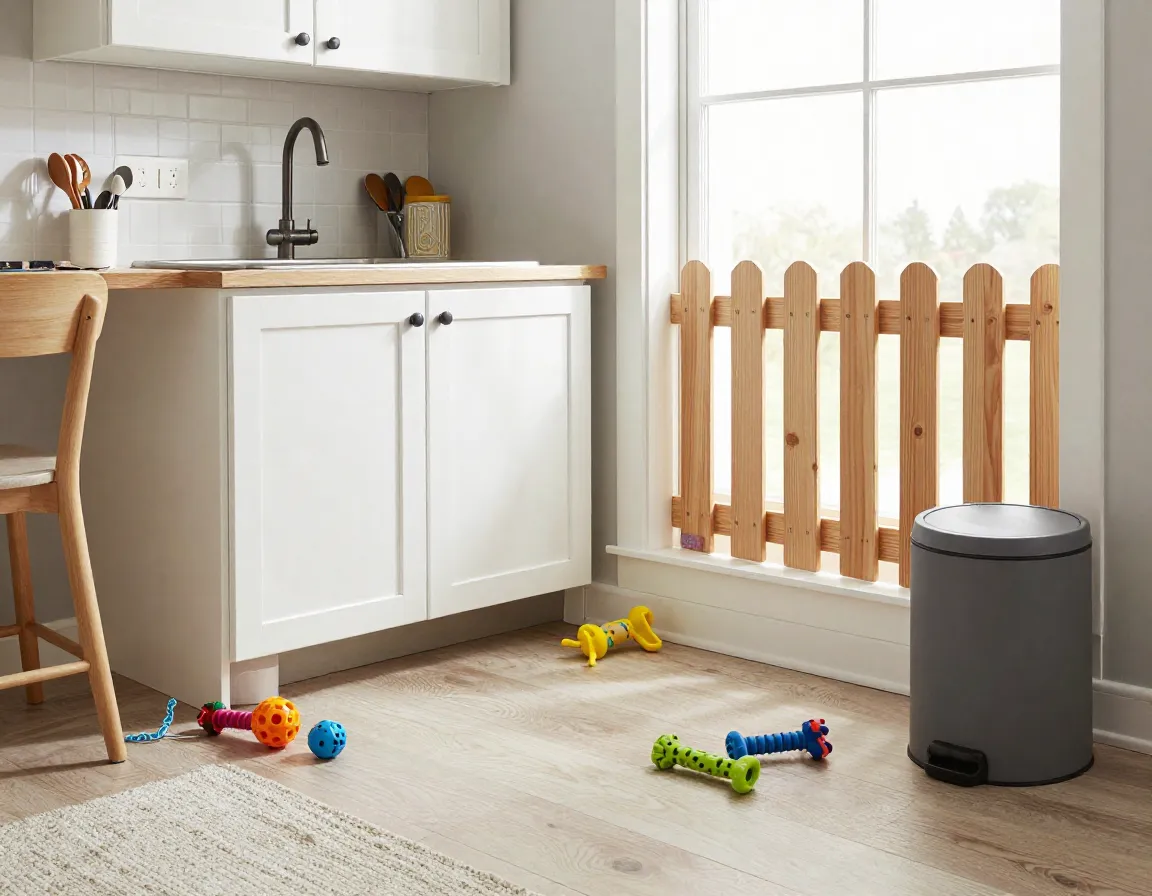 Puppy proofed home environment with safe toys and secure cabinet