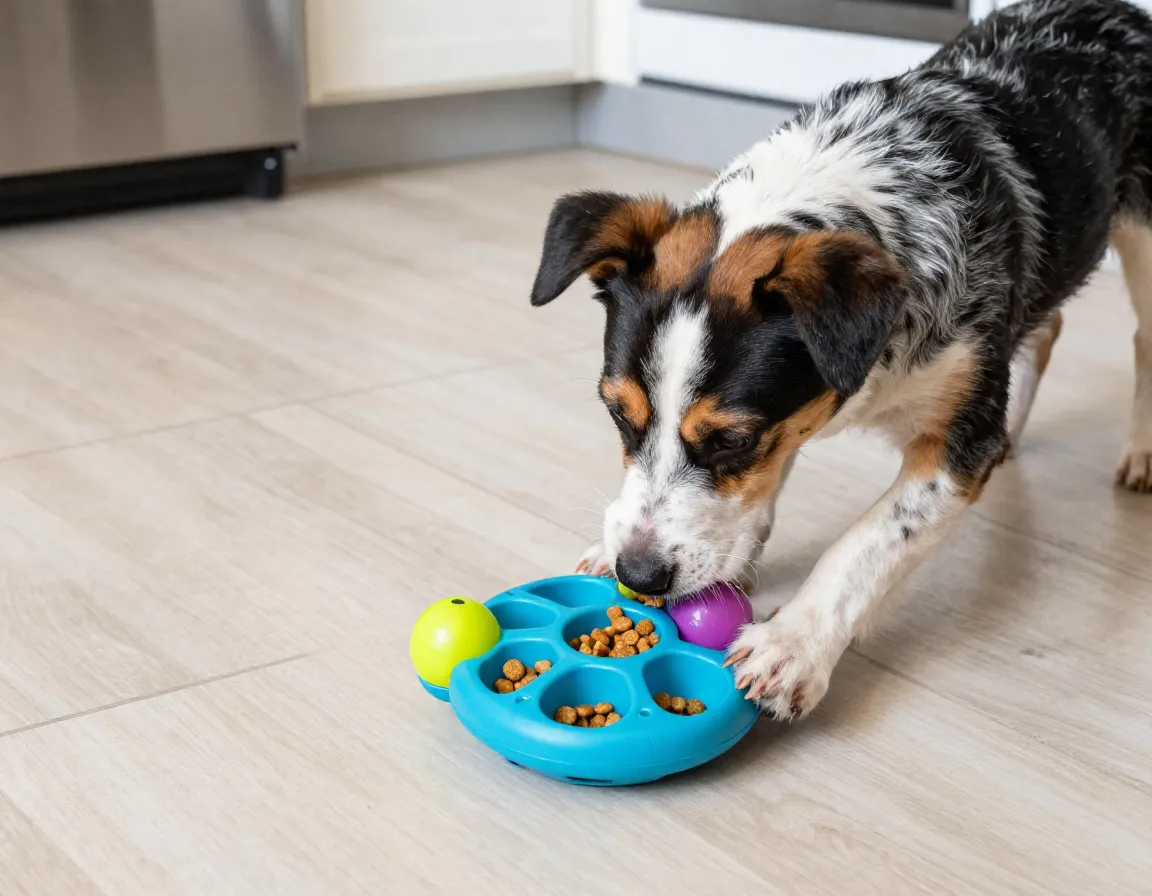Puppy solving a puzzle toy for food on a kitchen floor