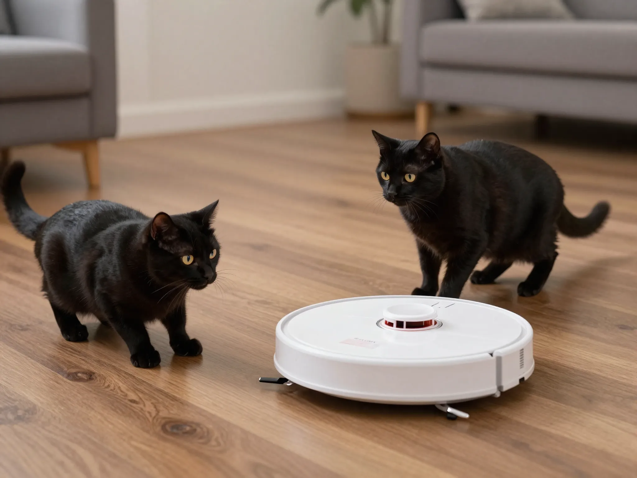 Cat intensely staring at a robot vacuum cleaner