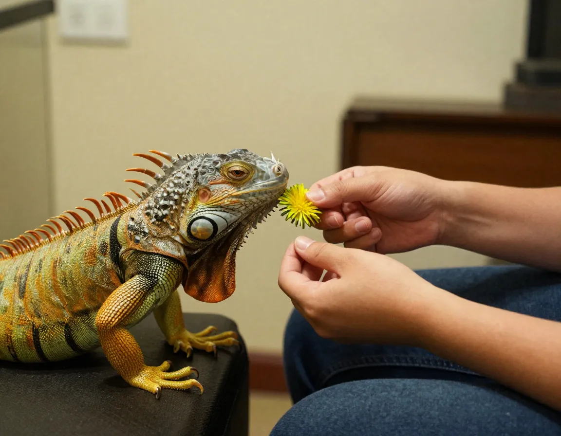 Person offering greens to juvenile iguana during socialization