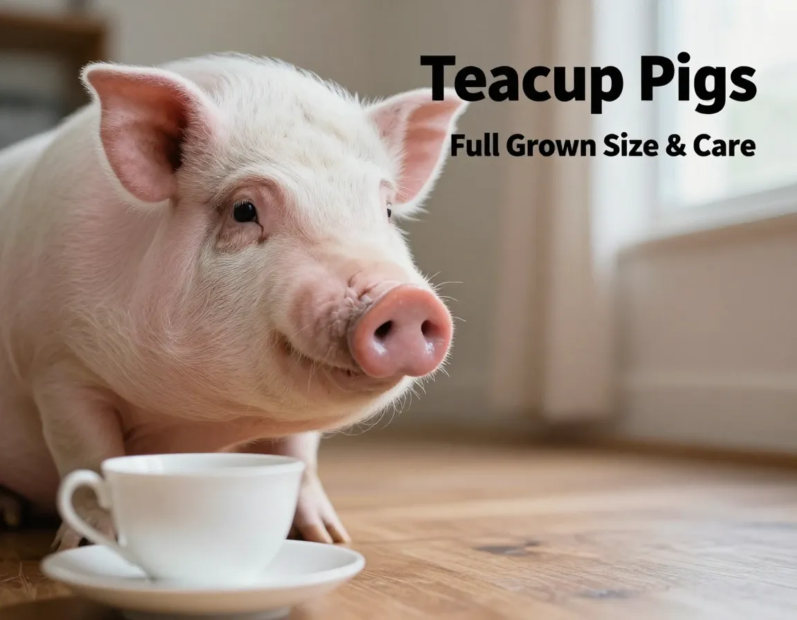 Adult potbellied pig eye contact blurred teacup foreground home setting