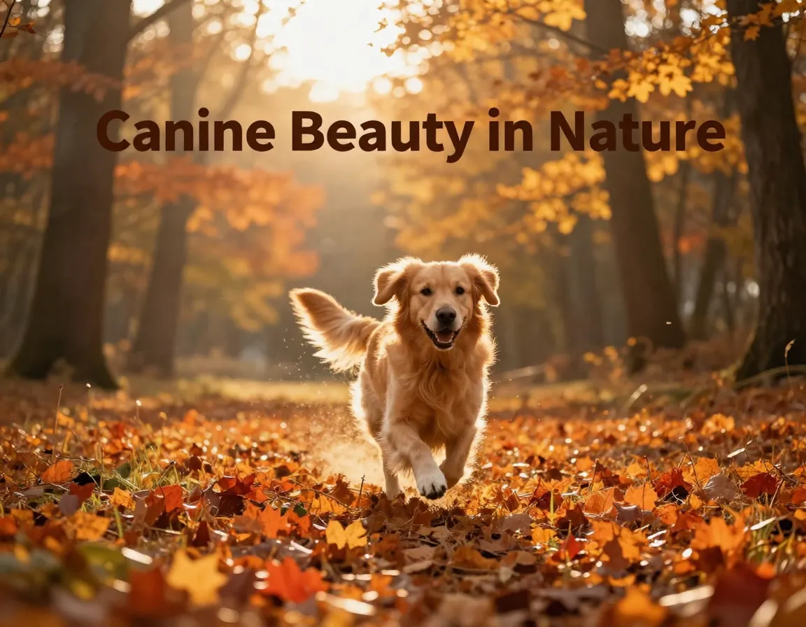 Golden retriever running autumn forest meadow golden hour