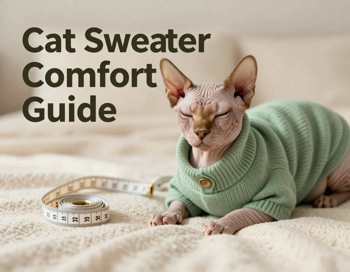 Sphynx cat in snug sweater on blanket with measuring tape