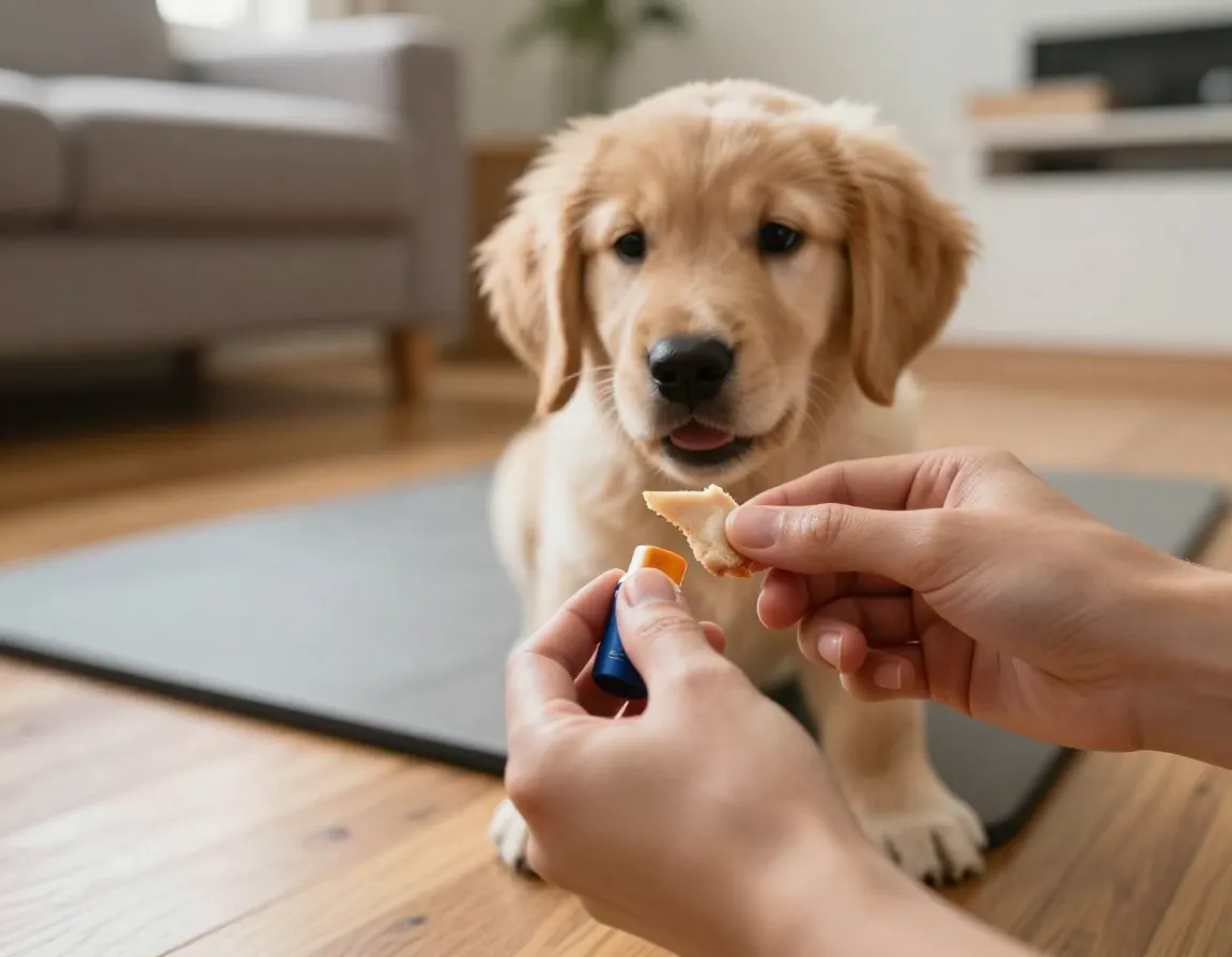 Early puppy clicker training session on living room floor