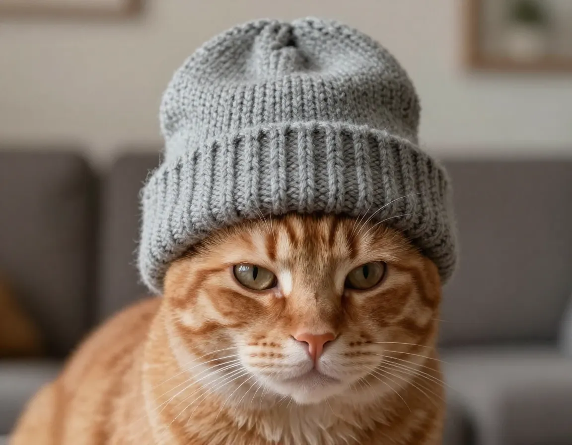 Orange tabby cat wearing classic gray knitted beanie indoors