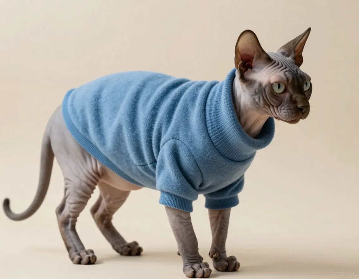 Sphynx cat wearing a soft organic cotton blue sweater