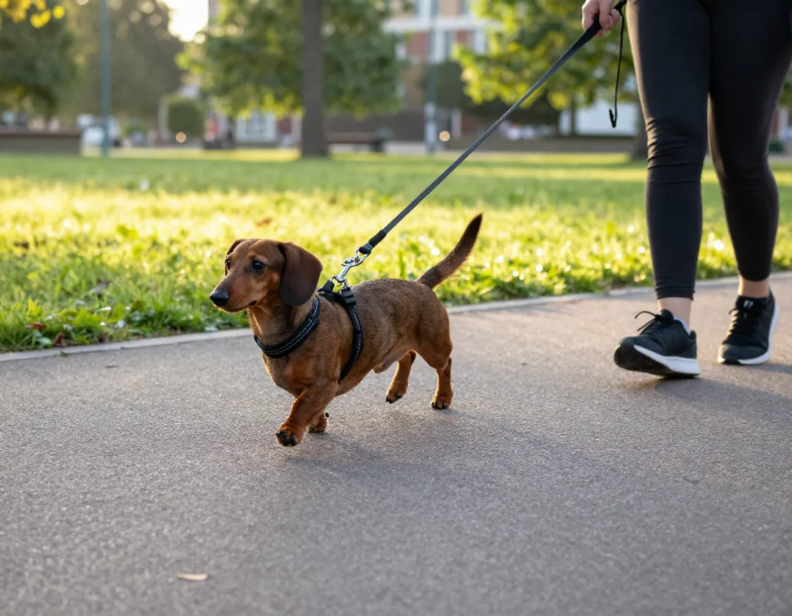 Adult miniature dachshund walking on leash during morning exercise session