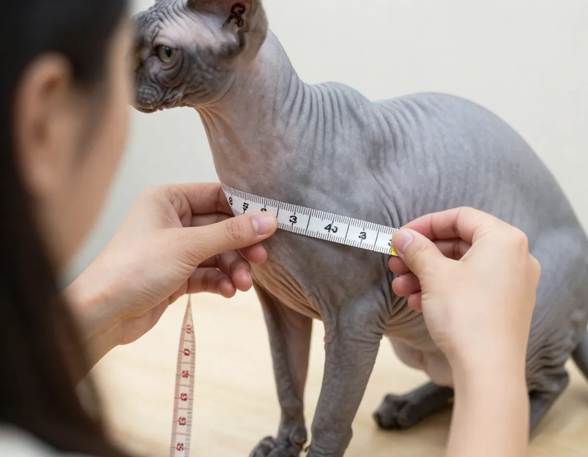 Person measuring a sphynx cats chest circumference with a tape