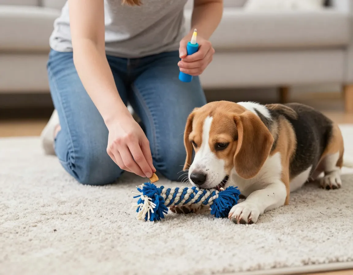 Person using clicker to reward puppy for playing with toy