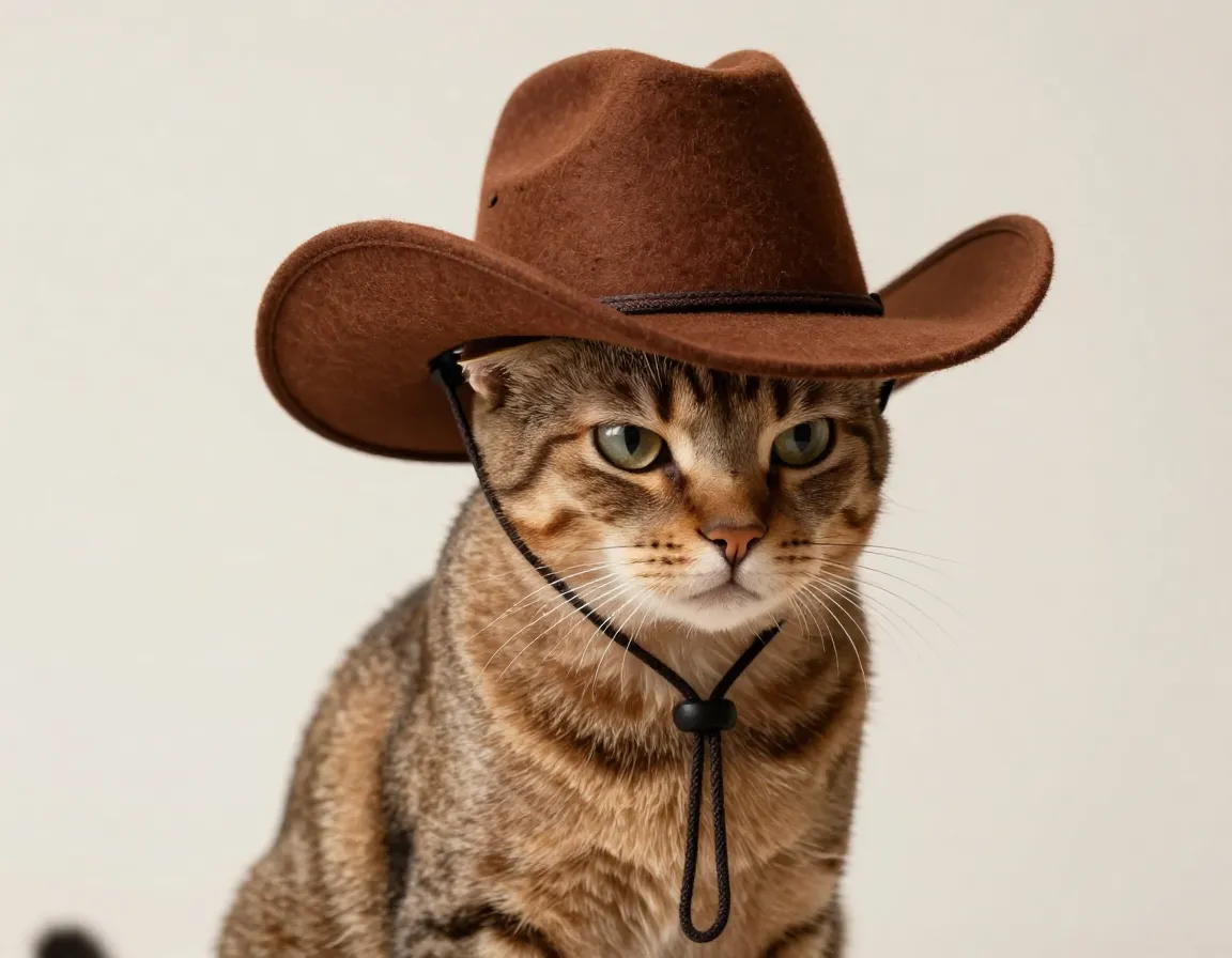 Serious looking cat wearing miniature brown felt cowboy hat