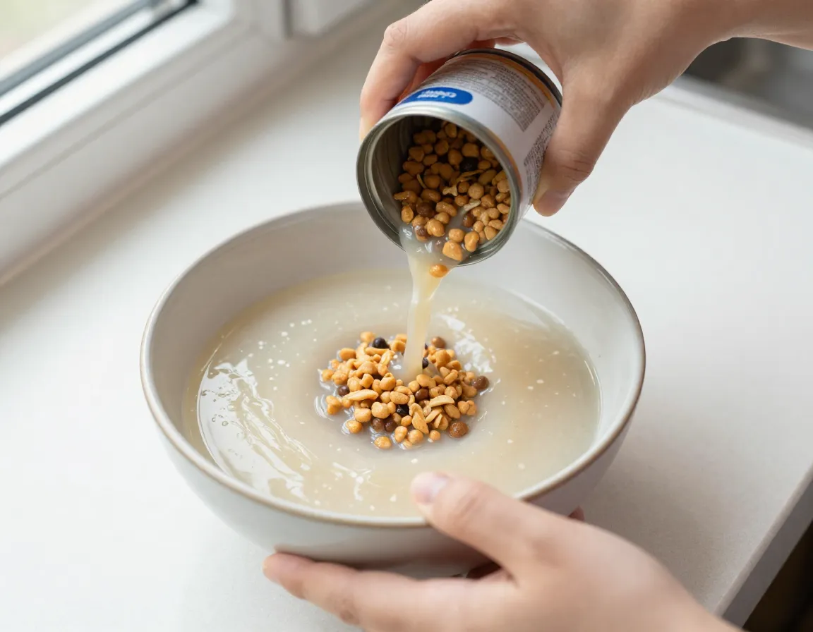 Small hand mixing wet food with formula in shallow ceramic bowl