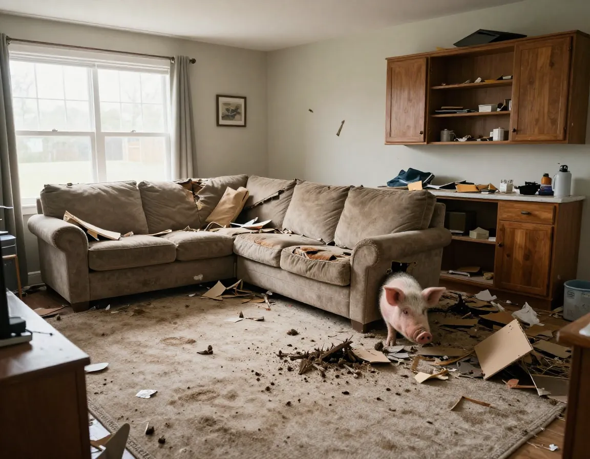 Suburban living room destroyed by pig rooting
