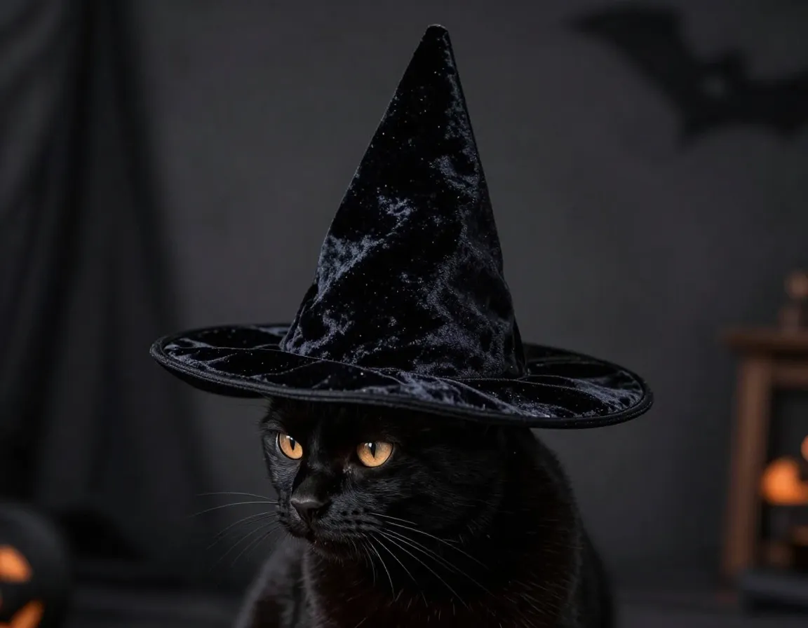 Black cat wearing soft velvet witch hat for halloween