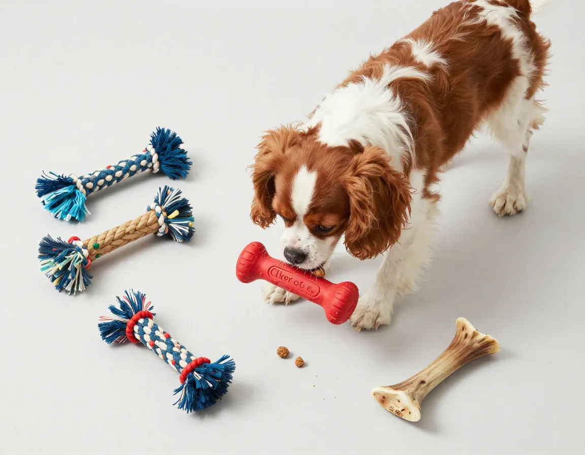 Cavalier surrounded by approved chew toys preventing boredom