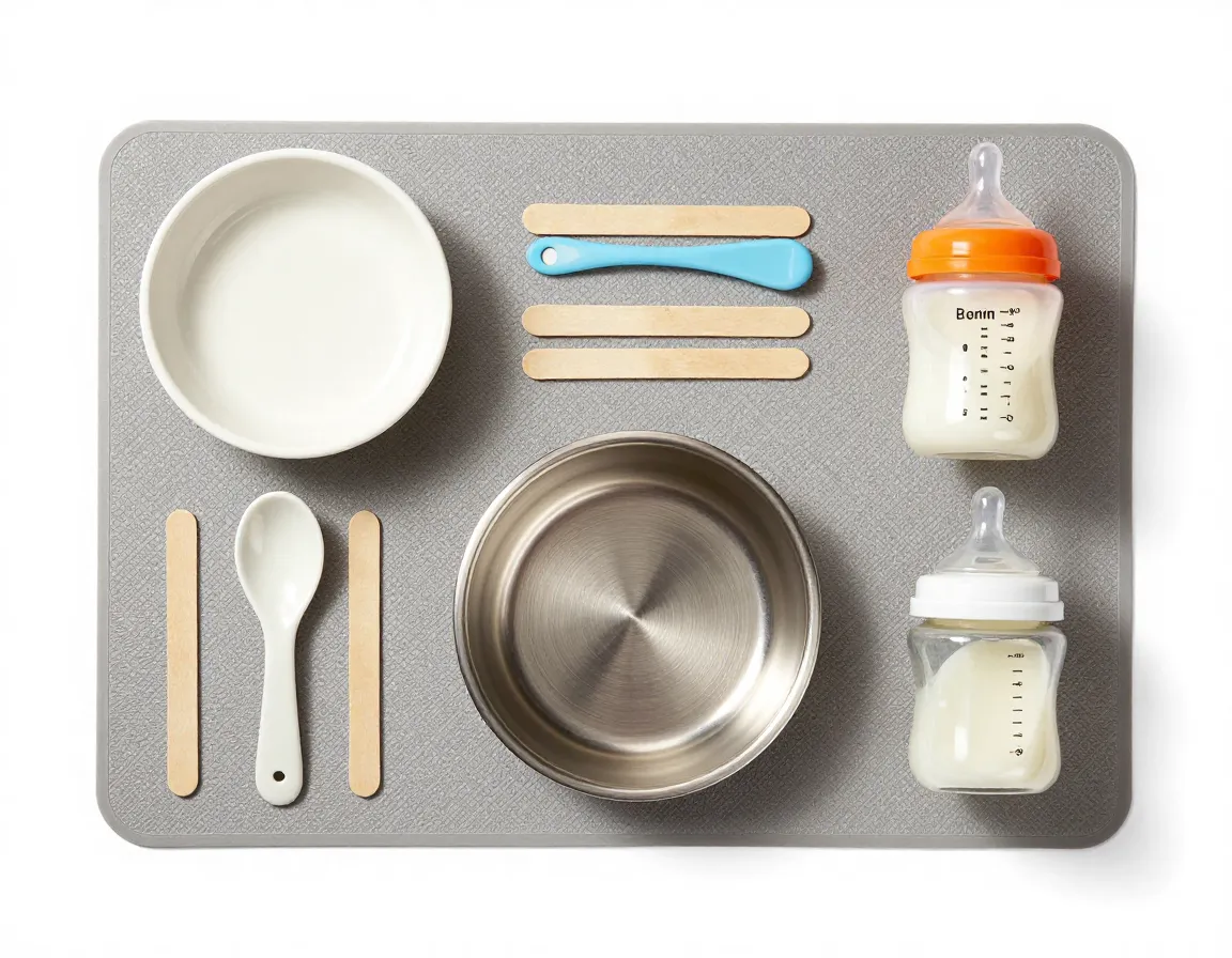 Feeding equipment arranged on non slip mat ceramic spoon popsicle sticks