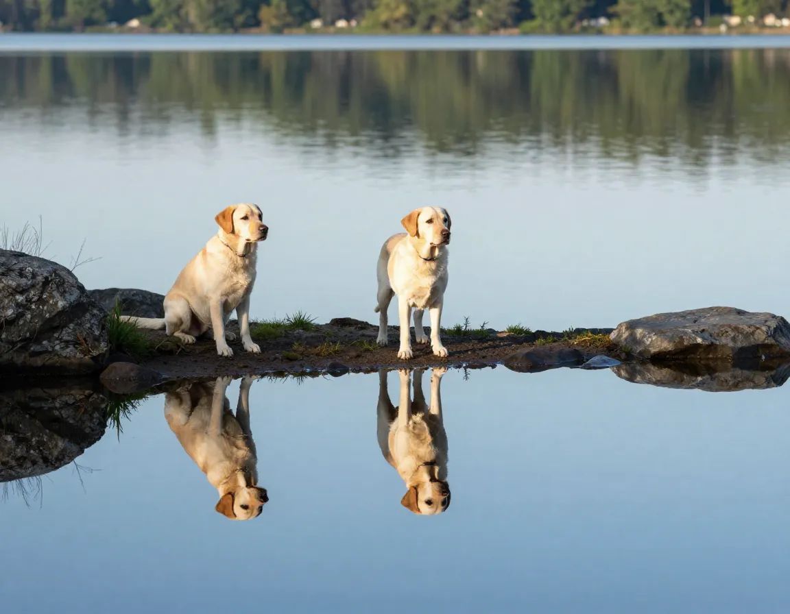 Labrador retriever reflected in still lake water