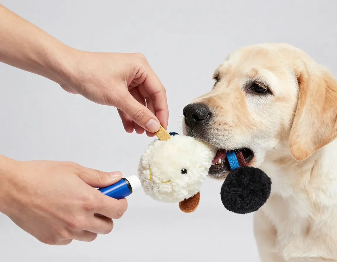 Teaching drop it command with toy and treat in hand
