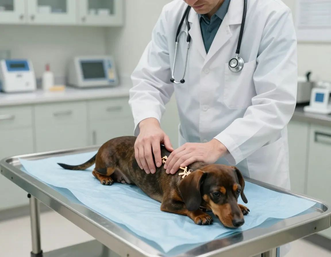 Veterinarian examining miniature dachshund spine on clinical examination table