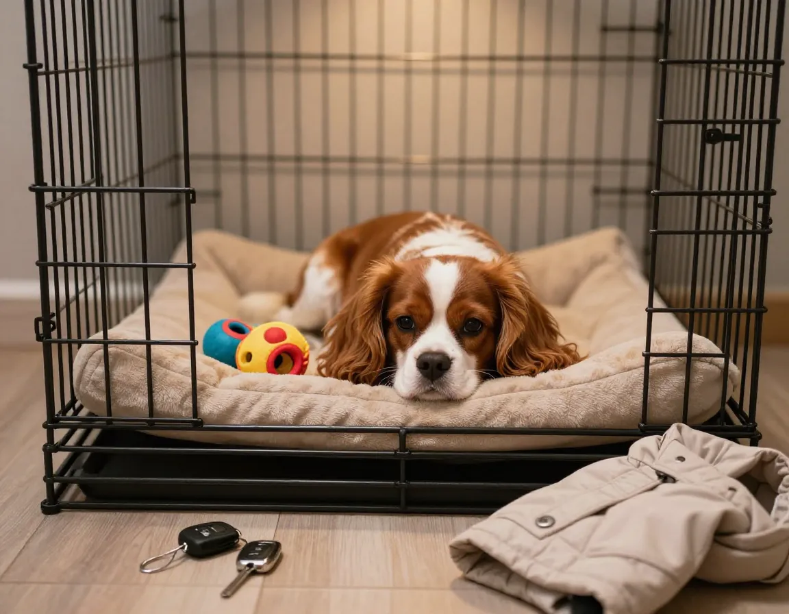 Cavalier calm in crate with toy during departure training