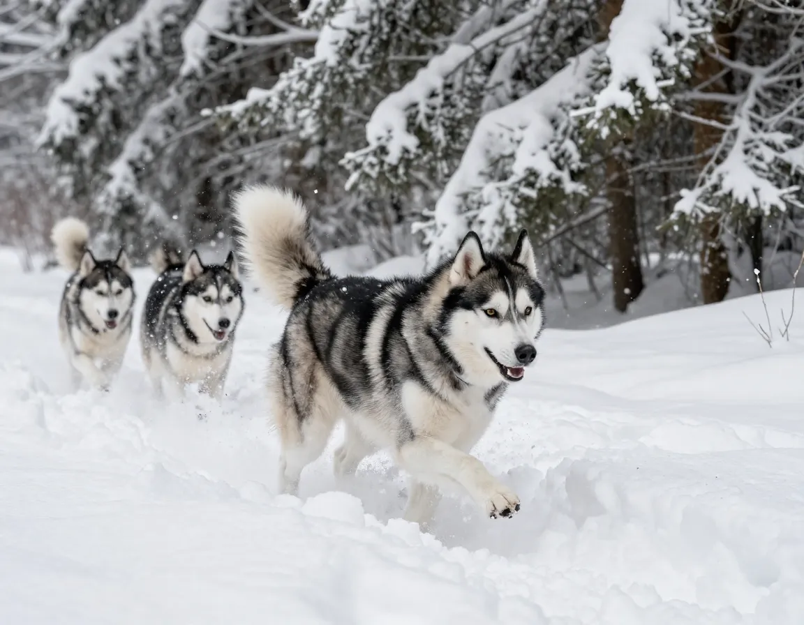 Siberian husky moving through deep fresh snow