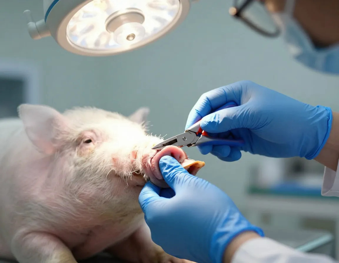 Veterinarian trimming an adult pigs hoof