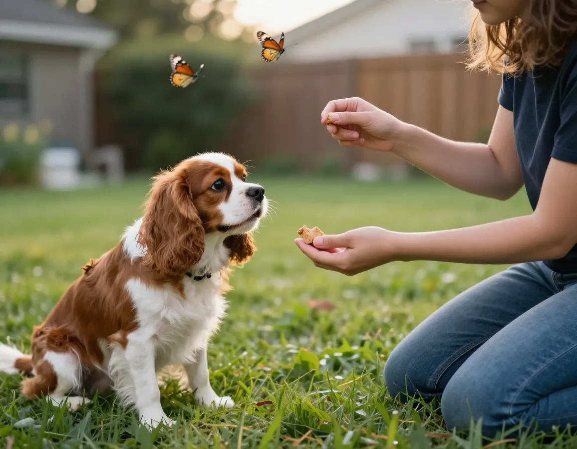 Cavalier focused on trainer with treat ignoring background butterfly