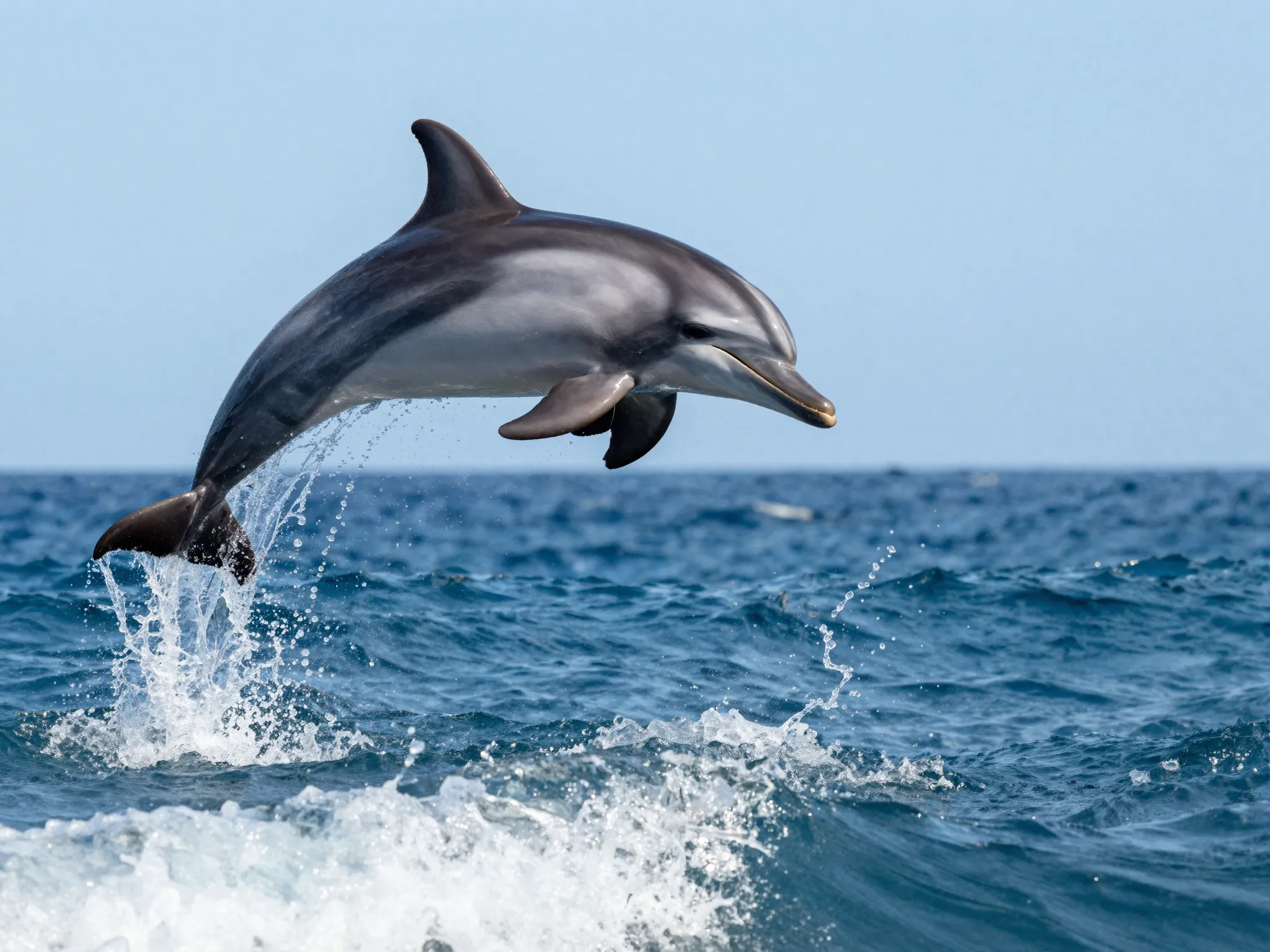 Dolphin jumping from ocean waves smiling
