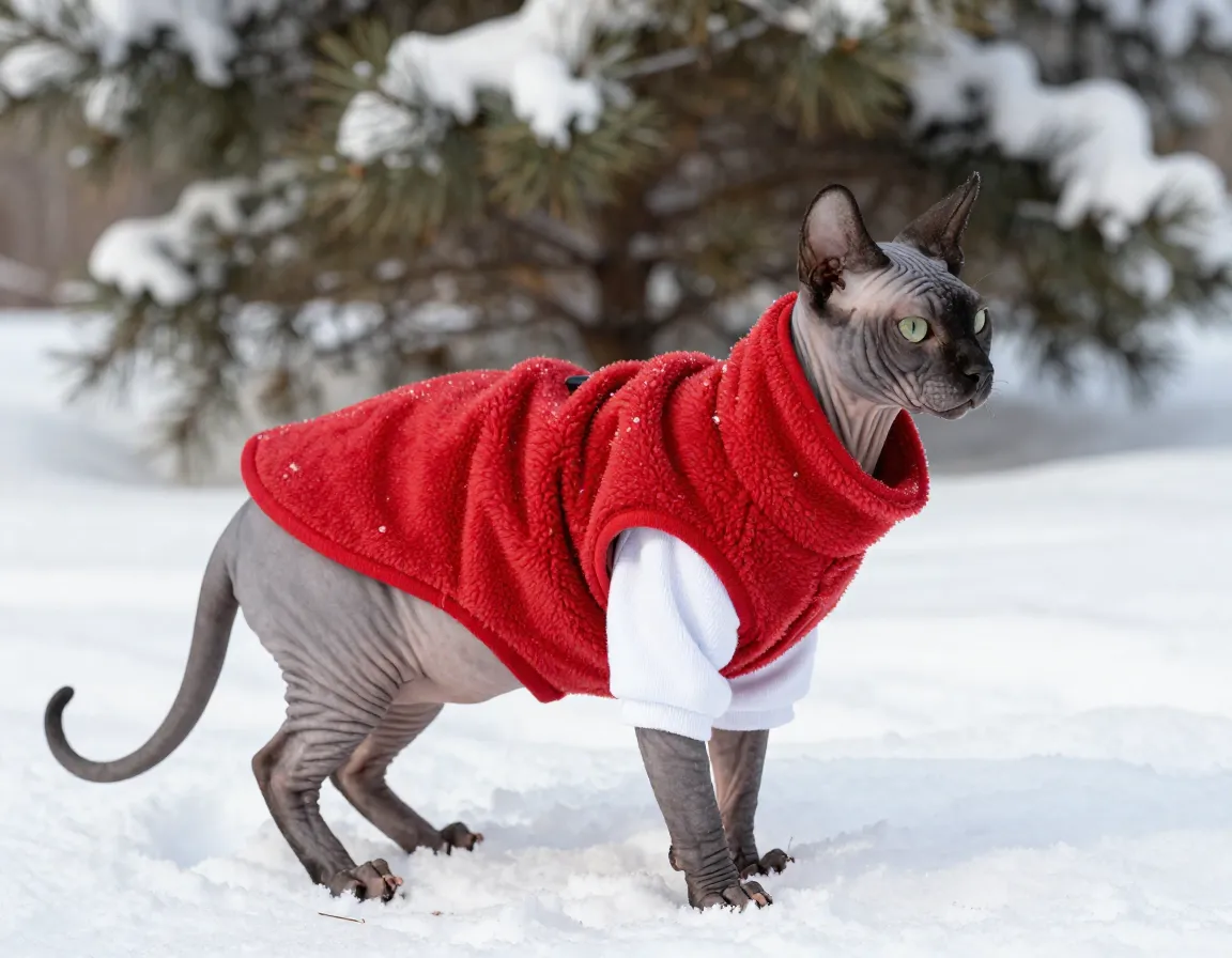 Hairless cat wearing a layered fleece coat over a cotton shirt