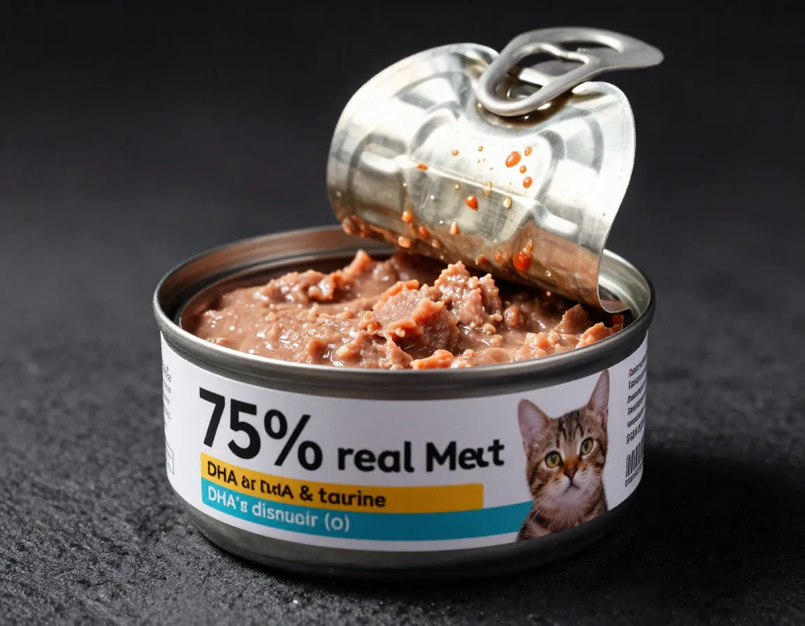 High quality wet kitten food can with meat ingredients label visible