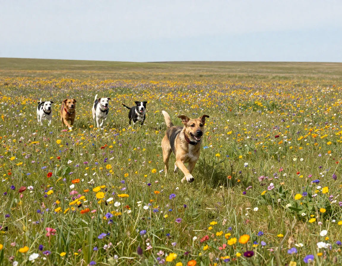 Mixed breed dog running through colorful wildflower meadow