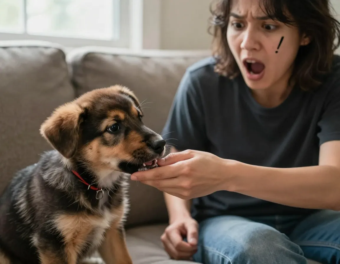 Person yelping and withdrawing after puppy bite on hand