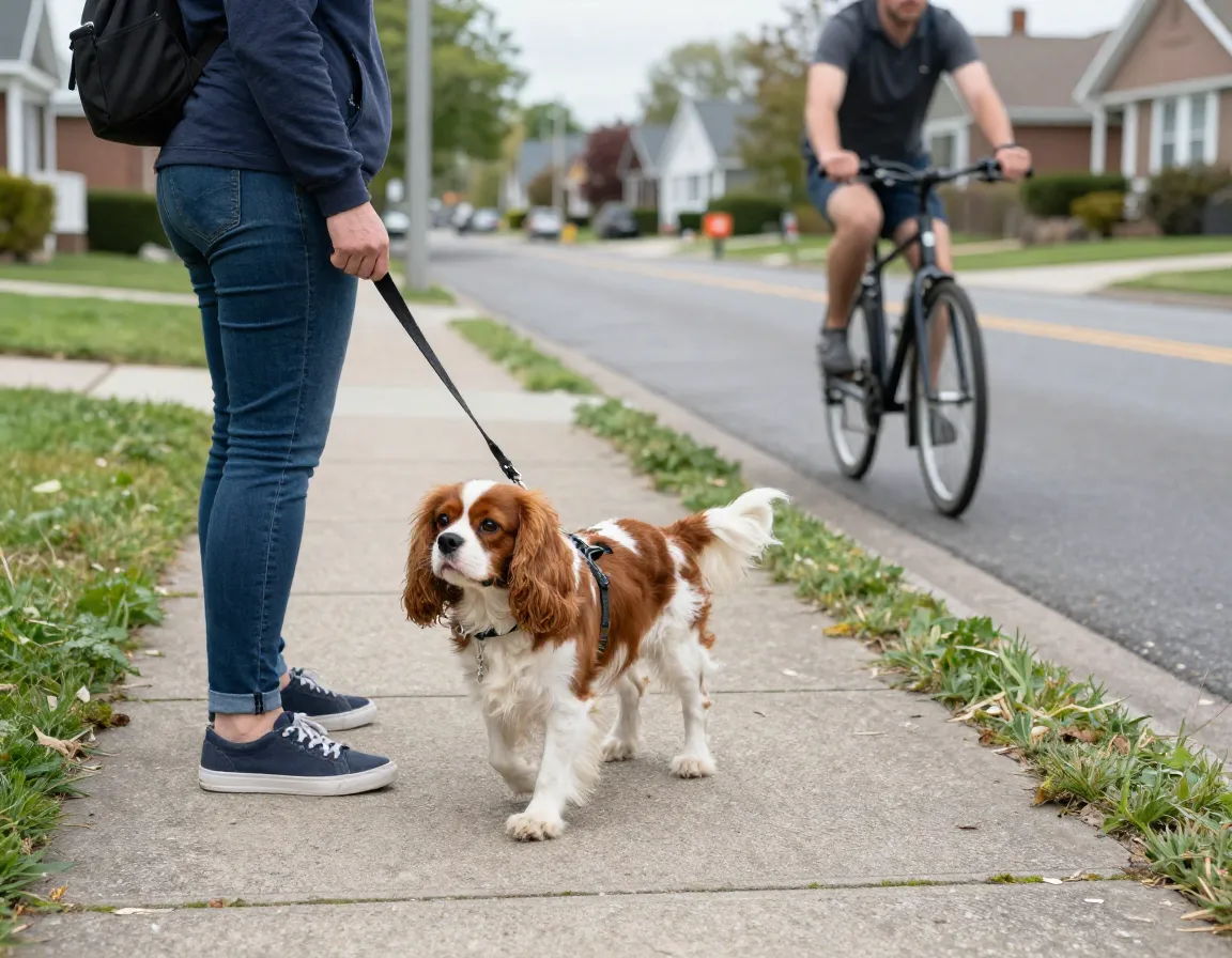 Cavalier heeling on leash past cyclist in neighborhood